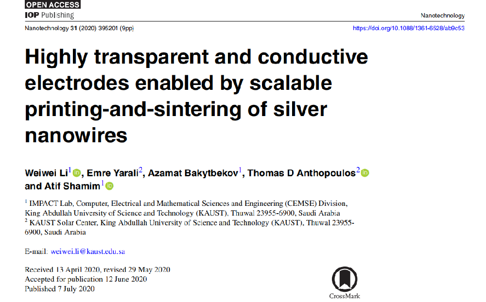 《Nanotechnology》：通過可擴(kuò)展的銀納米線印刷和燒結(jié)實(shí)現(xiàn)高度透明和導(dǎo)電電極